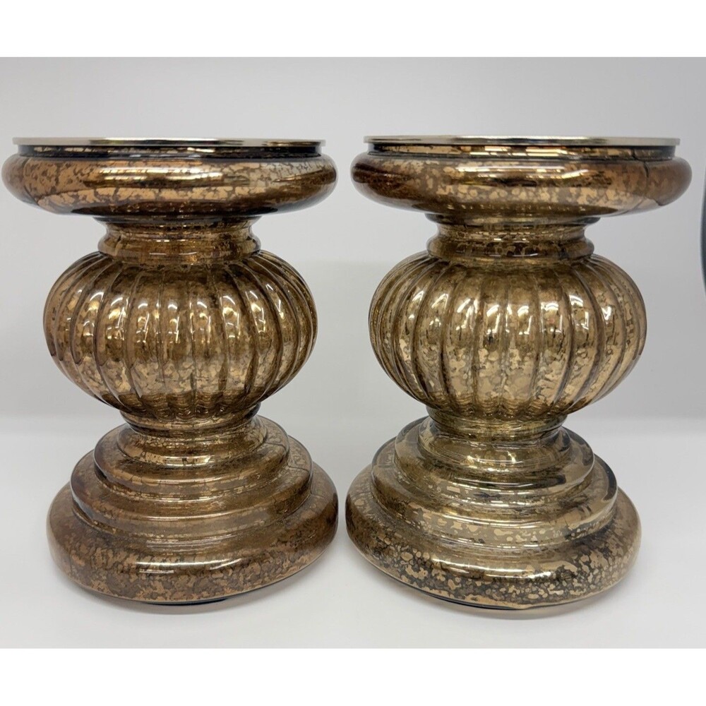Valerie Parr Hill Set 2 Illuminated Gold Mercury Glass Candle Pedestals 7.25”